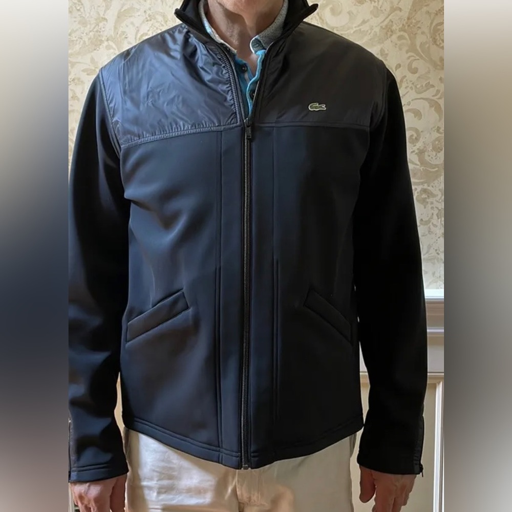 Lacoste black jacket 8 XXL logo zip pockets fleece lined. NWOT
